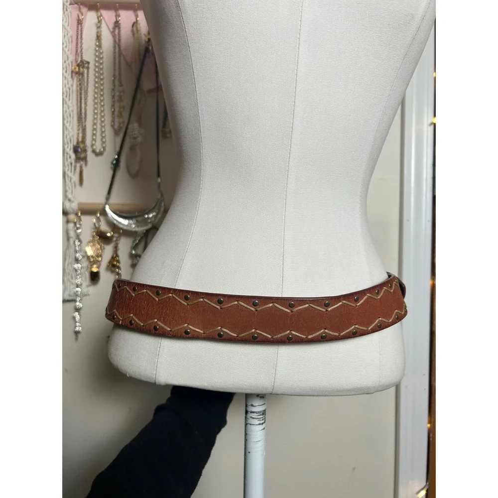 VTG Brown Whipstitch Studded Leather Belt Wide Western Boho Brass Buckle XL